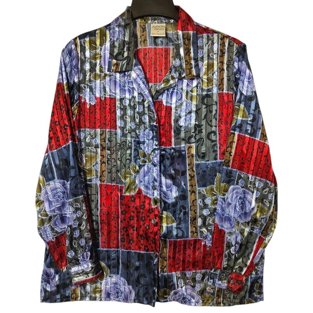 Allison Daley Vintage 90s Button Up Shirt Satin Patchwork Floral Women's Size 14